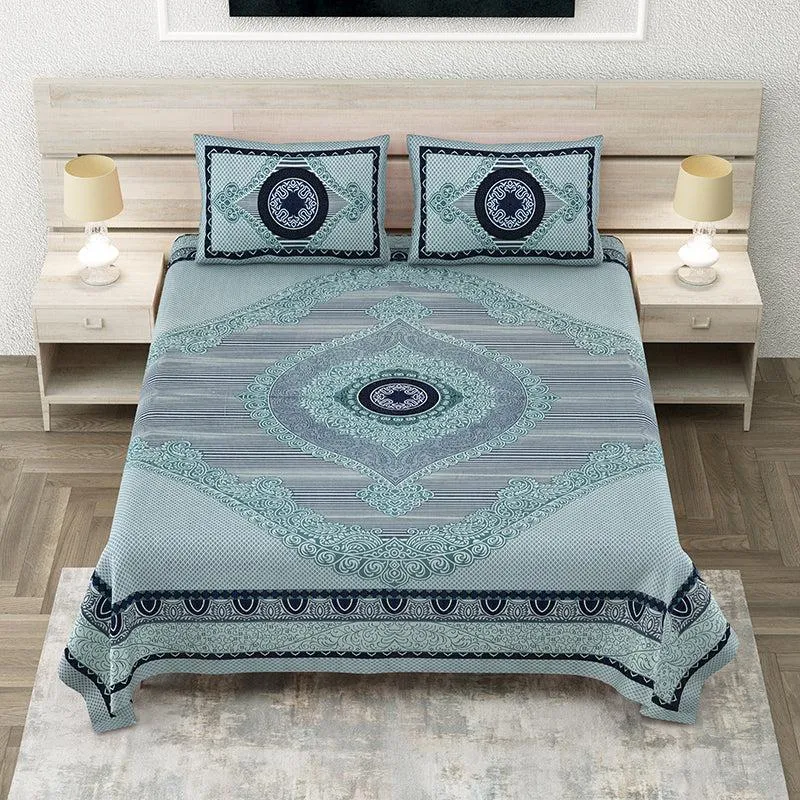 Vanya Velvet Ethnic Cotton Bedsheet (Blue) - 150 TC media 1