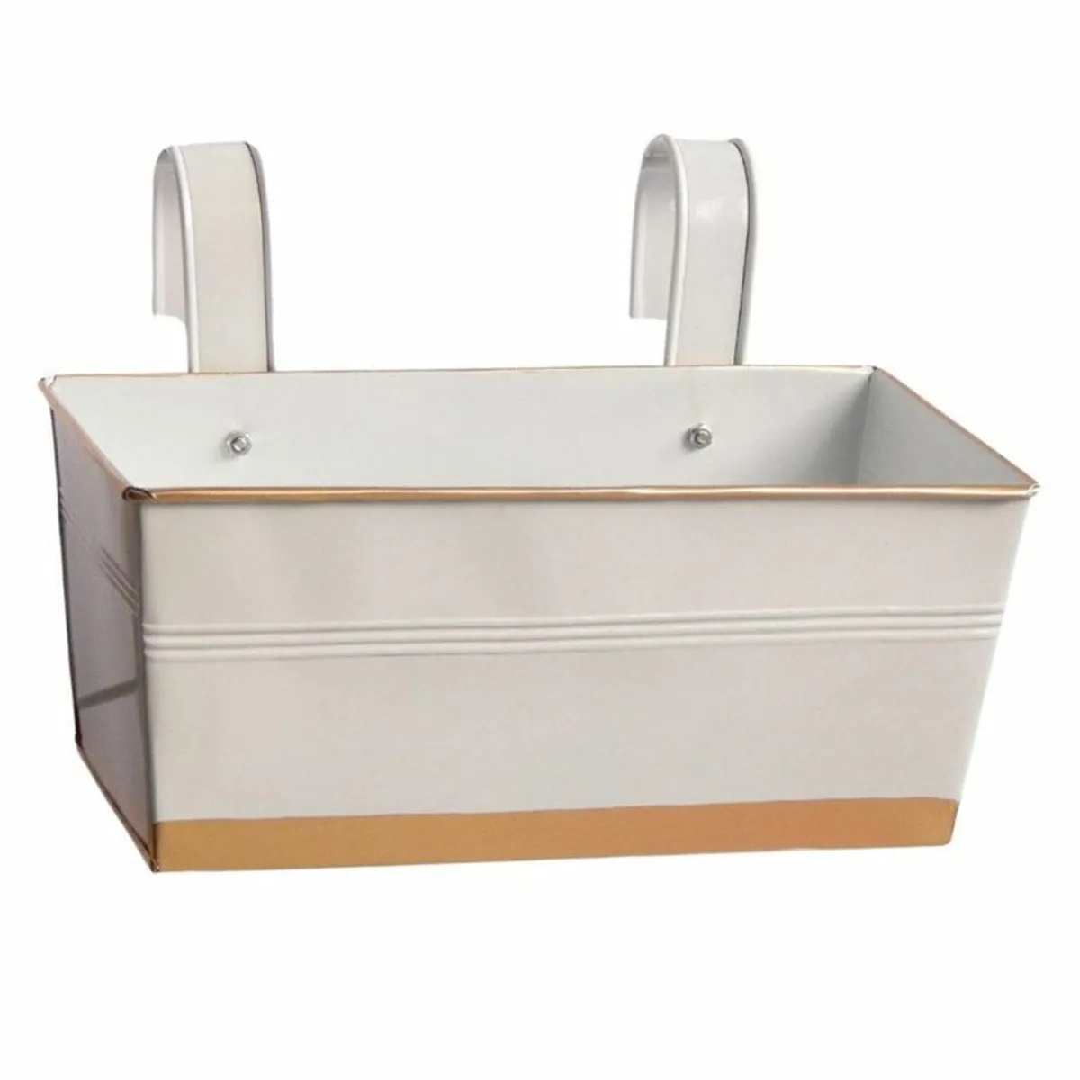 White rectangular planter showing its two rear balcony railing hooks
