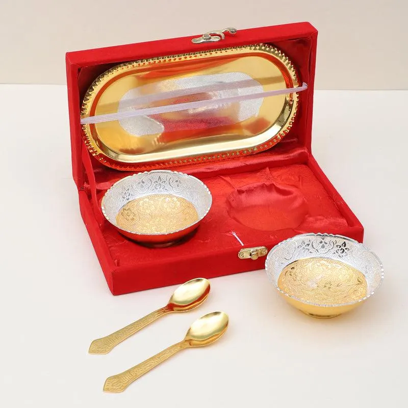Luxurious German Silver & Gold Dessert Bowl Set with Tray and Spoons - Ethnic Design media 3
