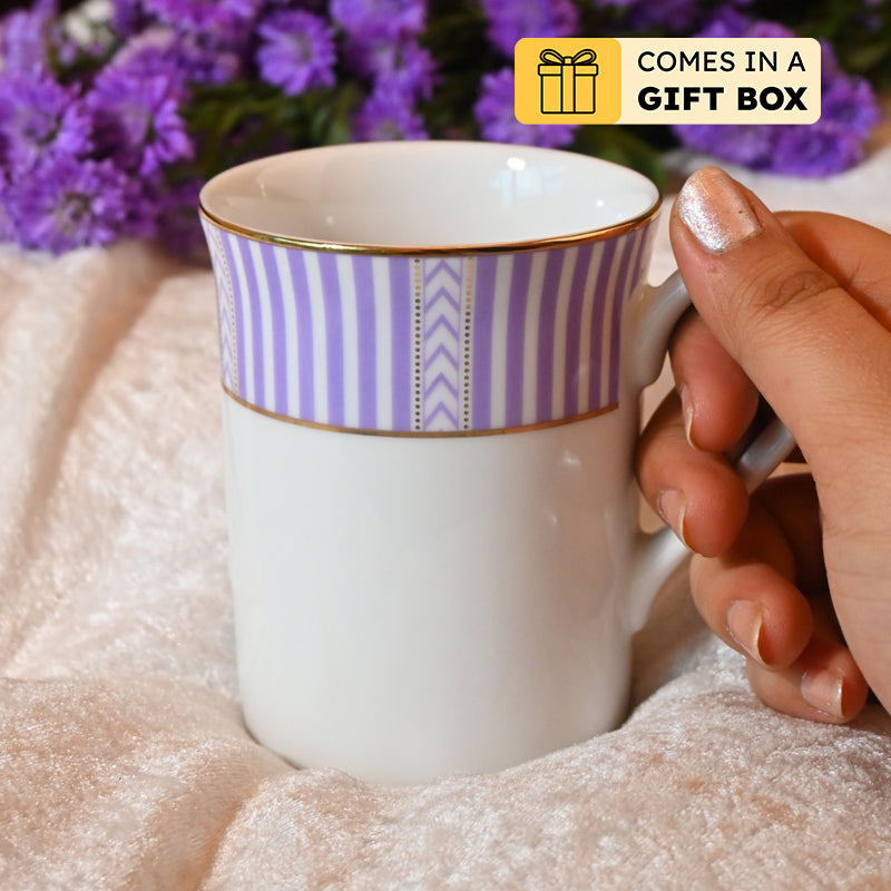 Stripe Classic 24k Gold Brushed Porcelain Coffee Mug (Purple/300 mL Each) - Set Of Six