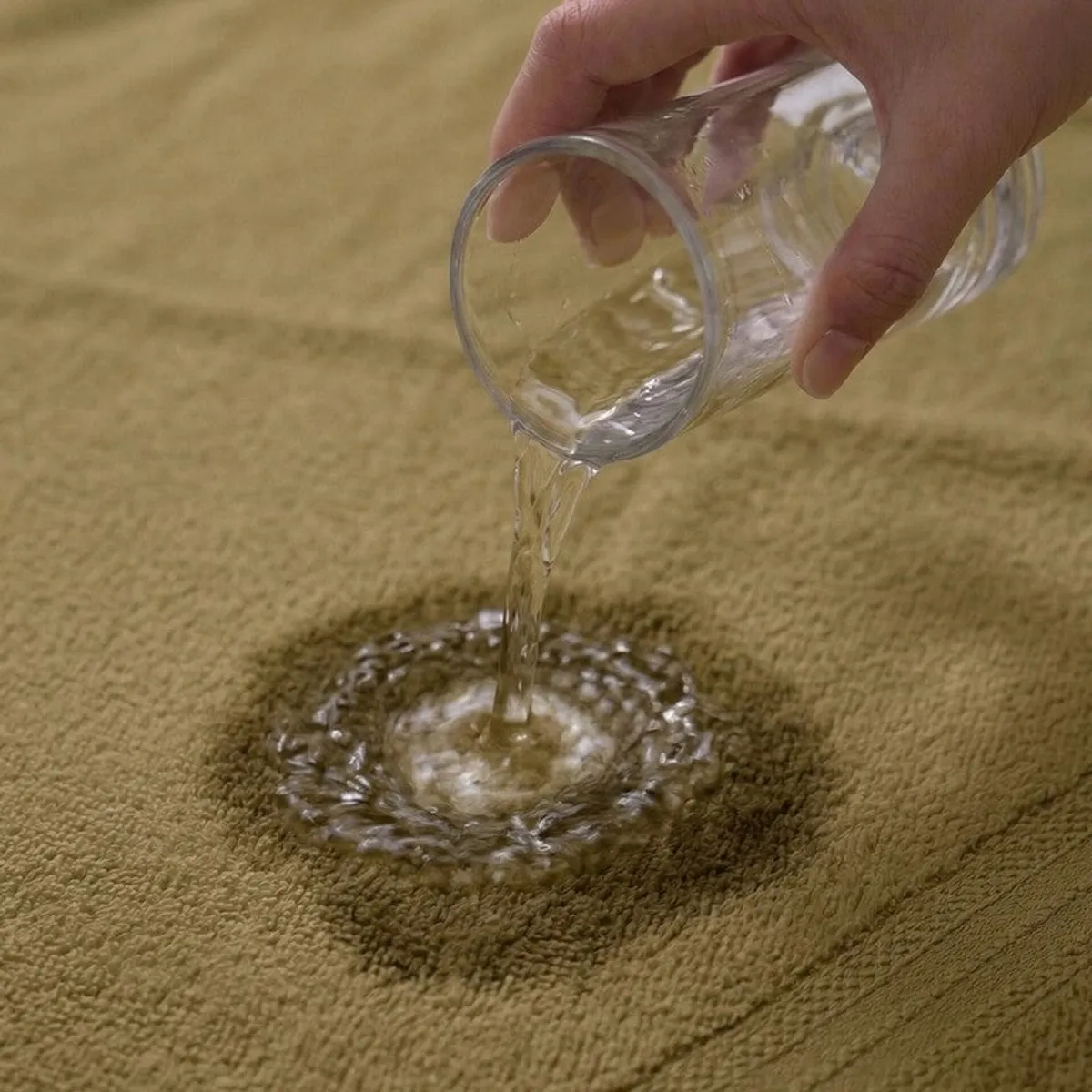 Close-up of water poured onto an olive green towel