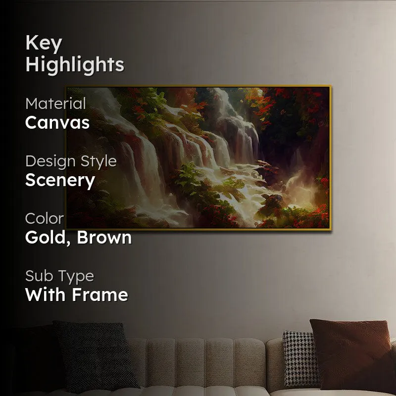 Autumn Waterfalls Landscape Canvas Wall Painting With Frame - Gold media 2