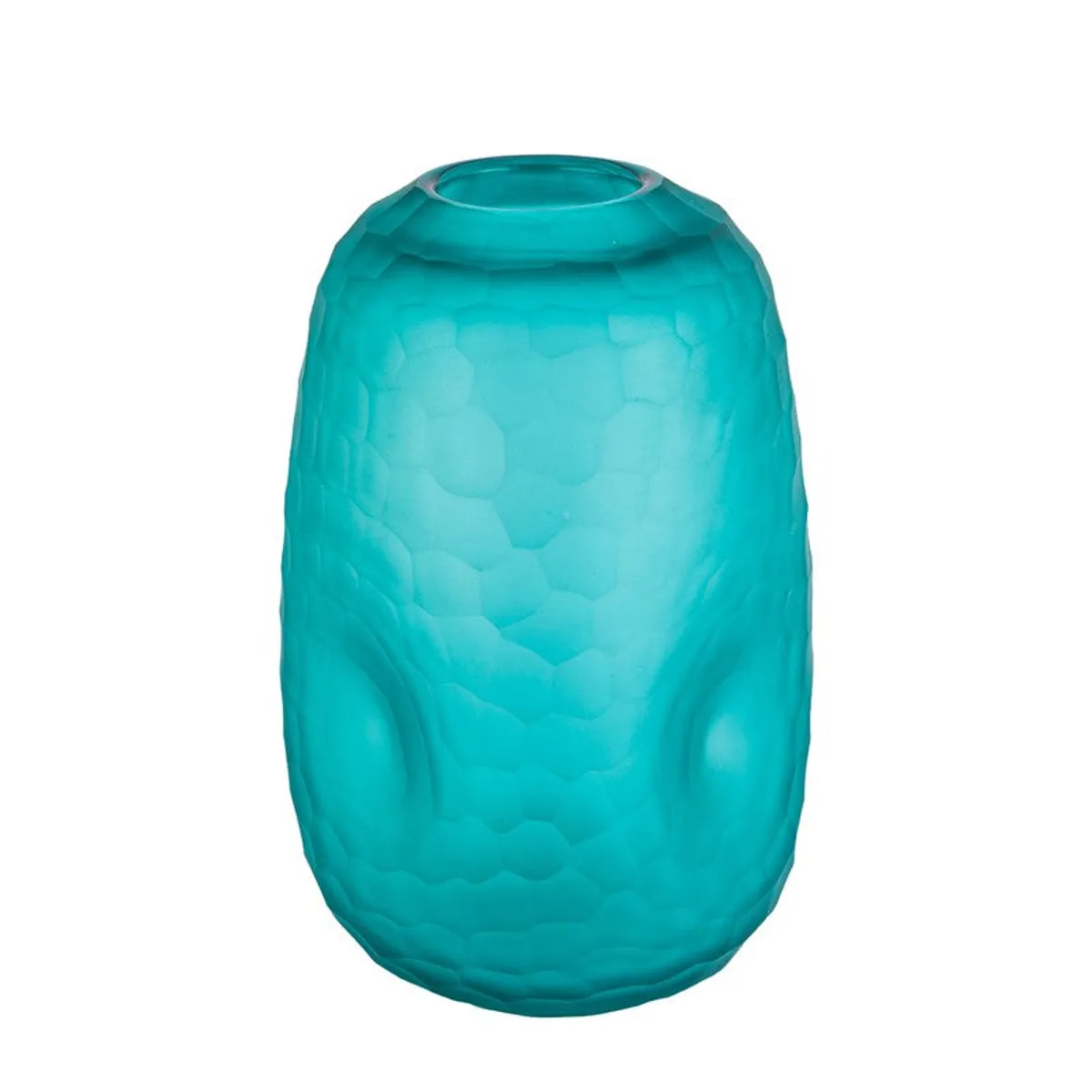 Angled front view of a blue textured glass vase on a white background