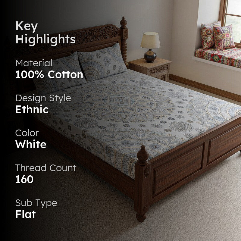 Kavya Mandala Ethnic Cotton Bedsheet (Grey,Yellow) - 160 TC media 2