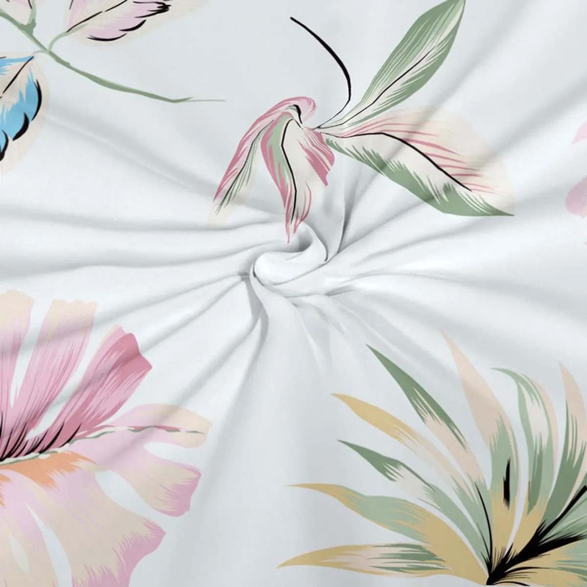 Close-up of white curtain fabric with pastel flowers, leaves and butterfly motifs.