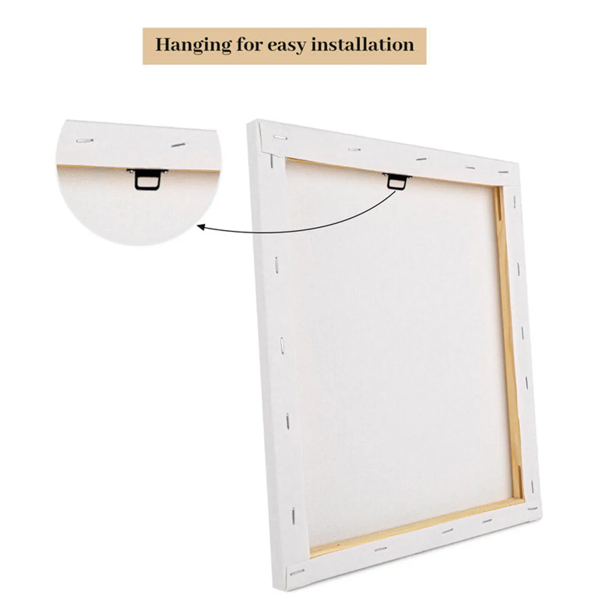 Rear view of a square canvas frame with a hanging hook