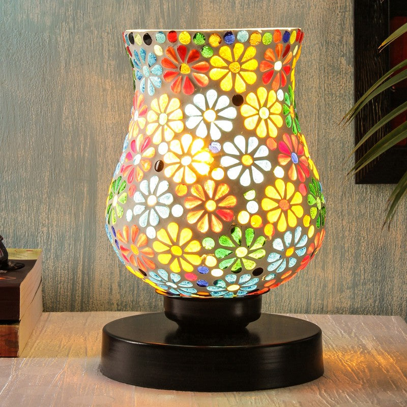 Flamette Mosaic Glass Table Lamp With Wooden Base - Multicolor