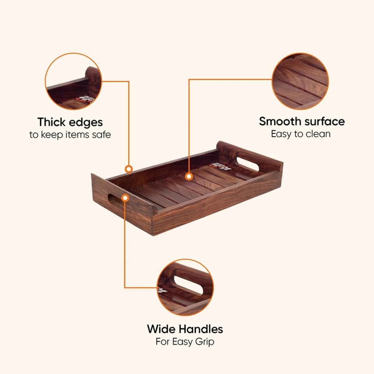 Close view of brown wooden tray with thick edges, slatted base and handles