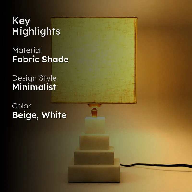 Pyramid Hand Crafted Marble Fabric Table Lamp - Beige,White media 2