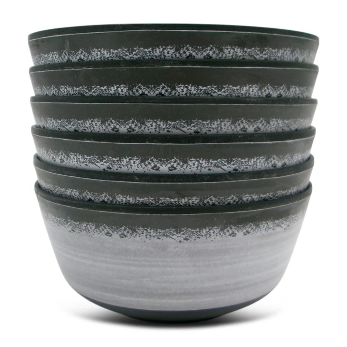 Stack of six round black and grey snack bowls