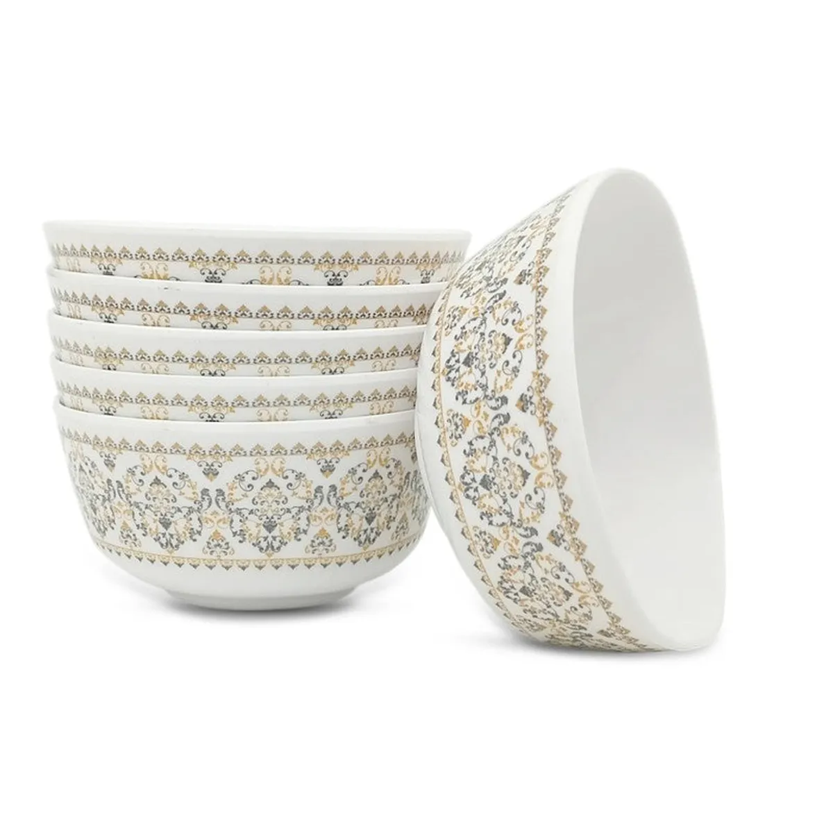 Close-up of a white bowl with ornate gold and grey patterned band