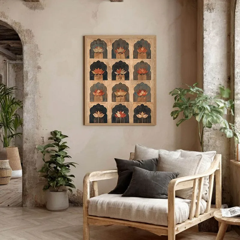 Heritage Lotus Arch Motif Canvas Wall Painting With Brown Frame media 9