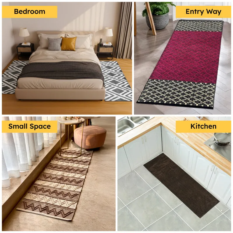 Collage showing runner rugs styled in bedroom, entryway, small space and kitchen