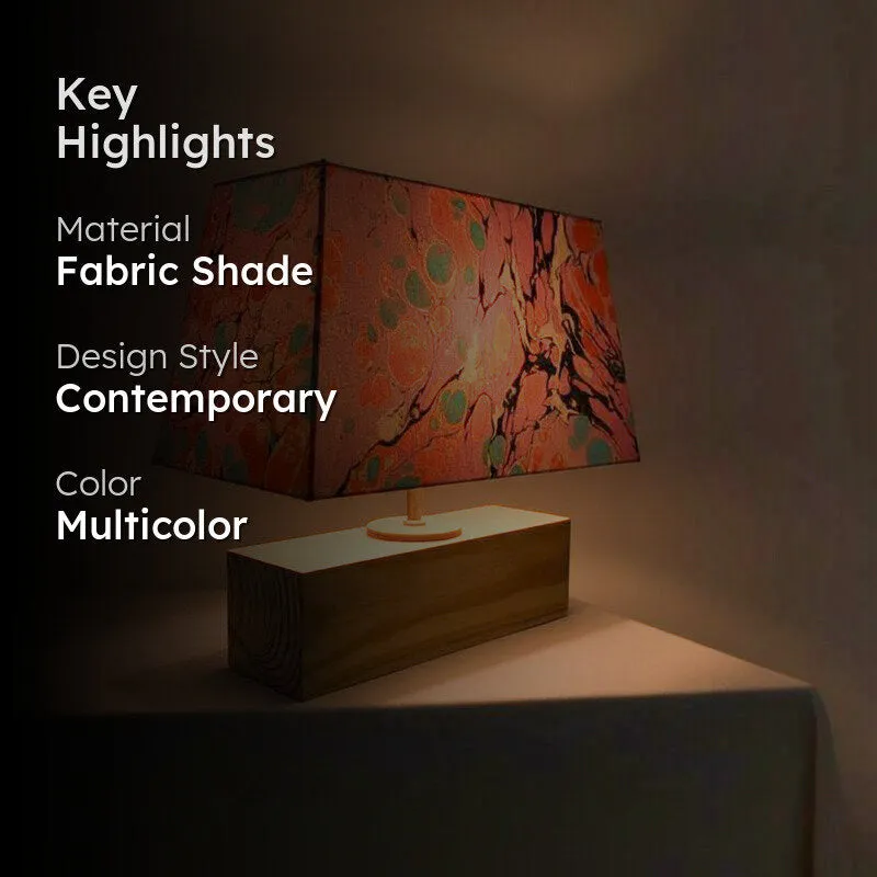 Table lamp highlight graphic showing fabric shade, contemporary style and multicolor finish