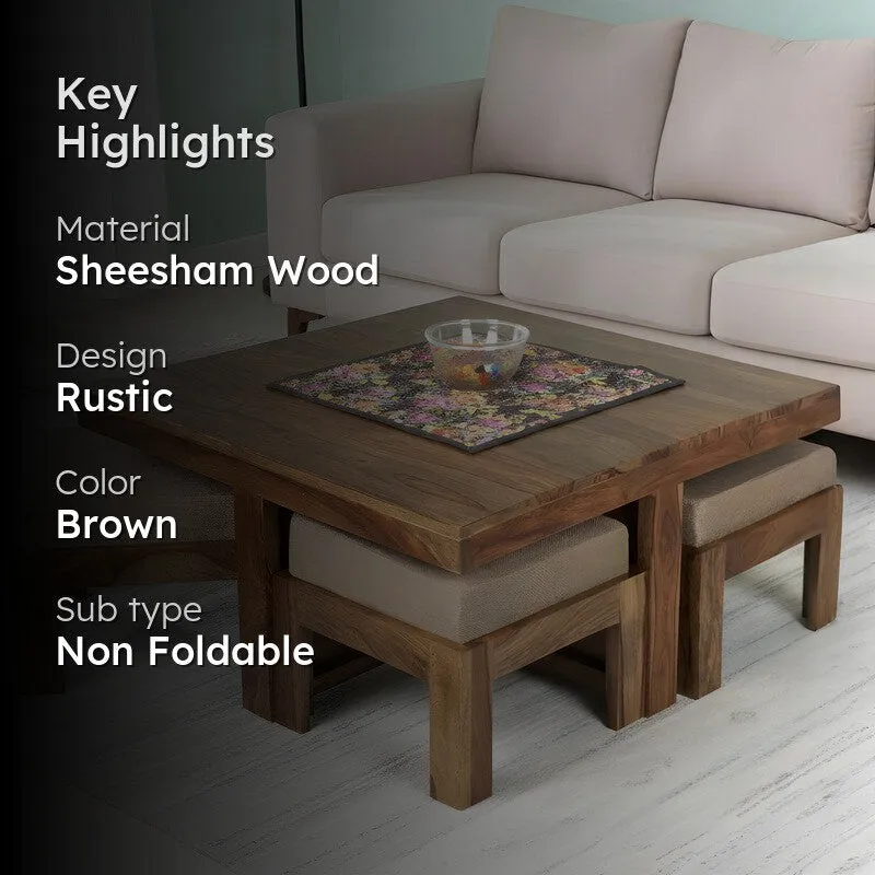 Evrino Sheesham Wooden Center Table with Stools and Cushions (Brown) - Nine Piece Set media 2