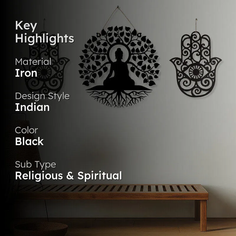 Buddha With Hamsa Hand Iron Wall Accent- Set Of Three media 2