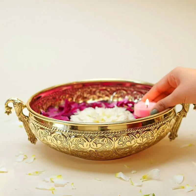 Mayur Carved Urli - Gold media 4