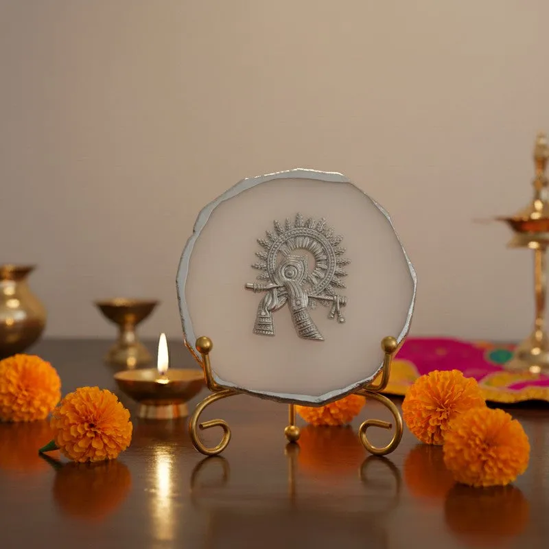 Divine Murli Aura Agate Showpiece With Stand - White media 1