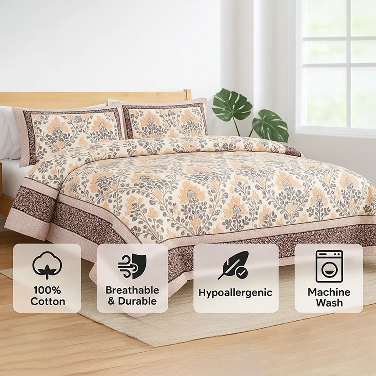 Printed bedsheet set on a bed with cotton and machine-wash highlight icons