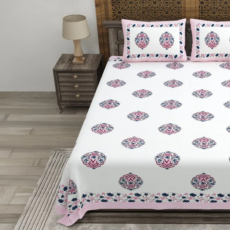 Rangen Cotton Bedsheet (White,Pink) - 240 TC media 3