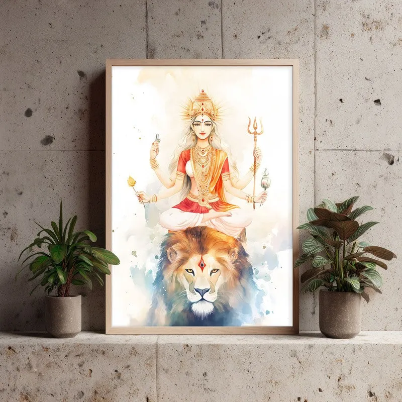 Mahishasura Mardhini Spiritual Archival Paper Wall Painting - Natural Brown Frame media 3