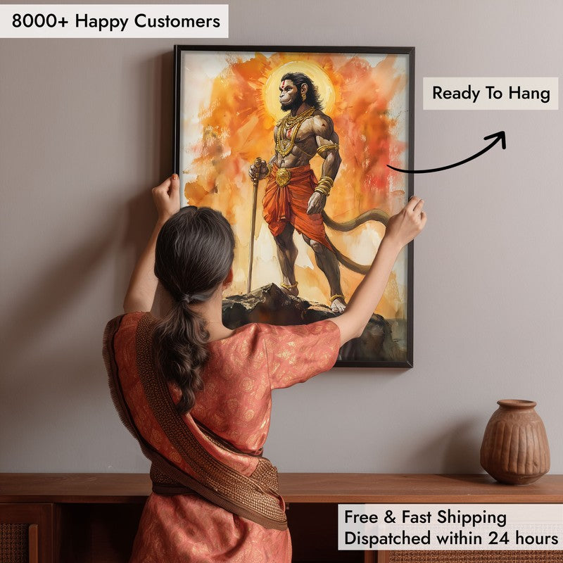 Anjaneya's Leap Spiritual Archival Paper Wall Painting With Frame - Black media 6