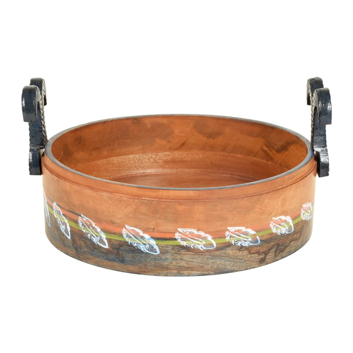 Front view of the brown wooden bowl with black handles and painted detailing