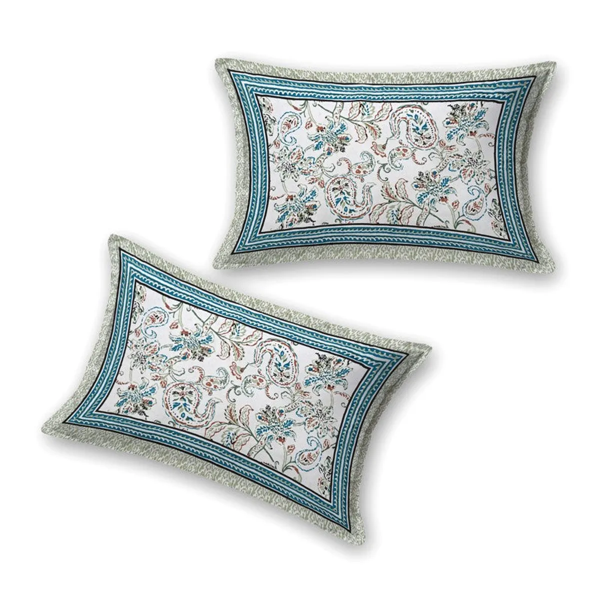 Two matching floral paisley pillow covers displayed on a white background
