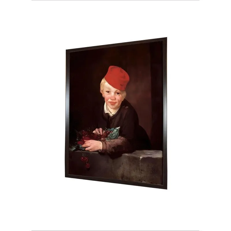 Angled side view of a framed portrait painting on a plain light background