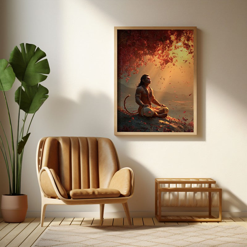 Sri Hanuman Meditating III Archival Paper Wall Art - Natural Brown Frame