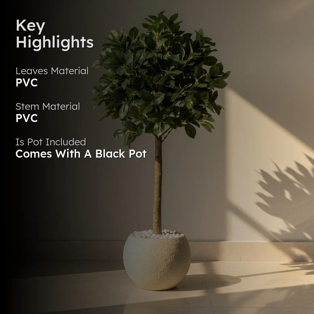 Artificial topiary plant with green foliage and black pot alongside material highlights