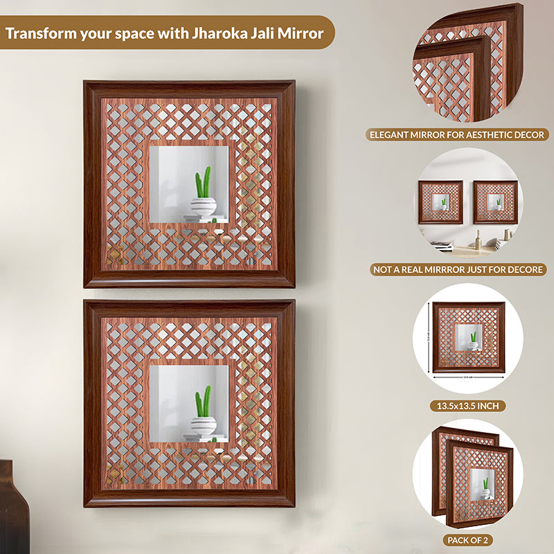 Jharokha View Decorative Wall Mirror (Brown) - Set Of Two media 6