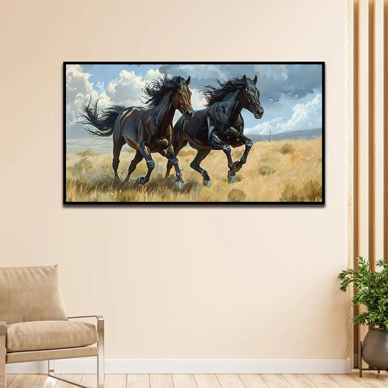 Ebony Duo Stallions Canvas Wall Painting With Frame - Black media 1