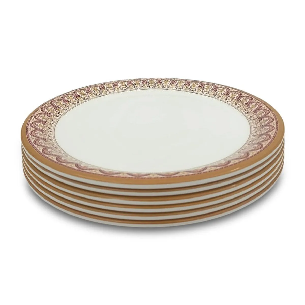 Stack of six white quarter plates with ornate patterned borders on a white background