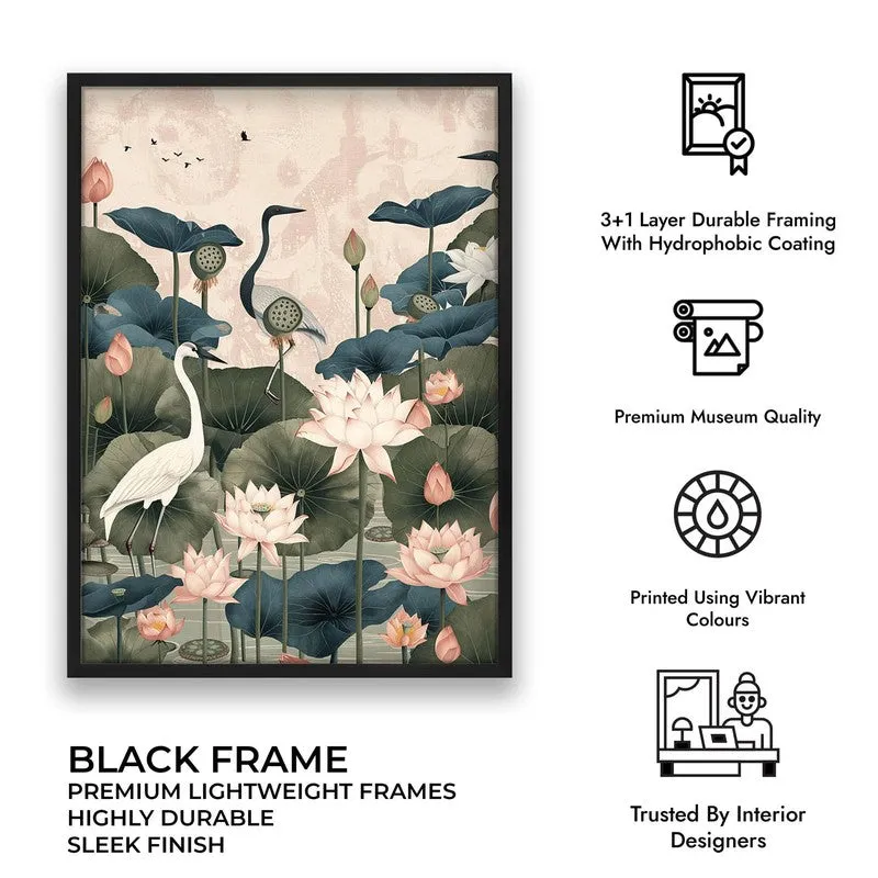 Lotus Garden Birds Canvas Wall Painting With Black Frame media 12