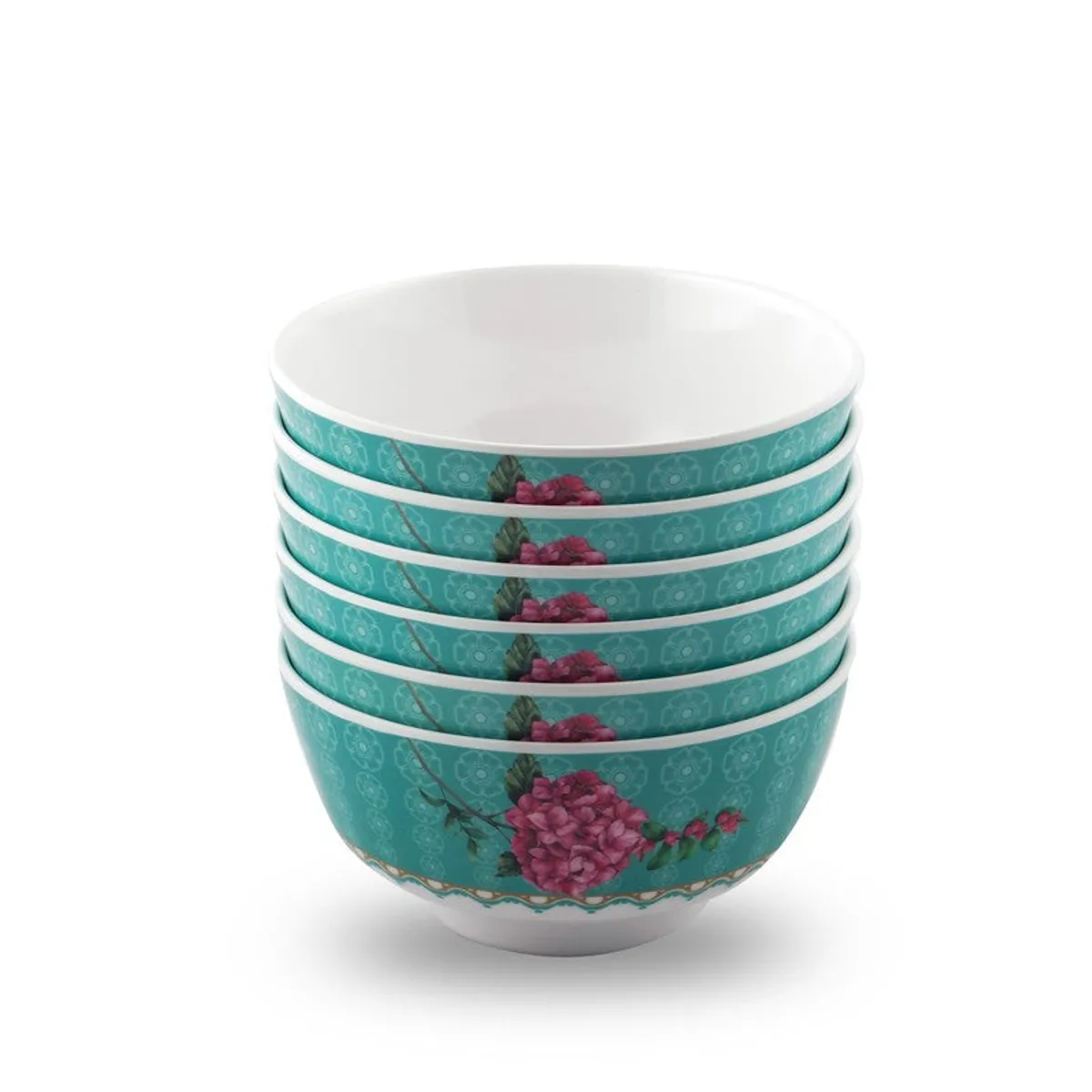 Stack of six teal floral bowls with white interiors and footed bases.