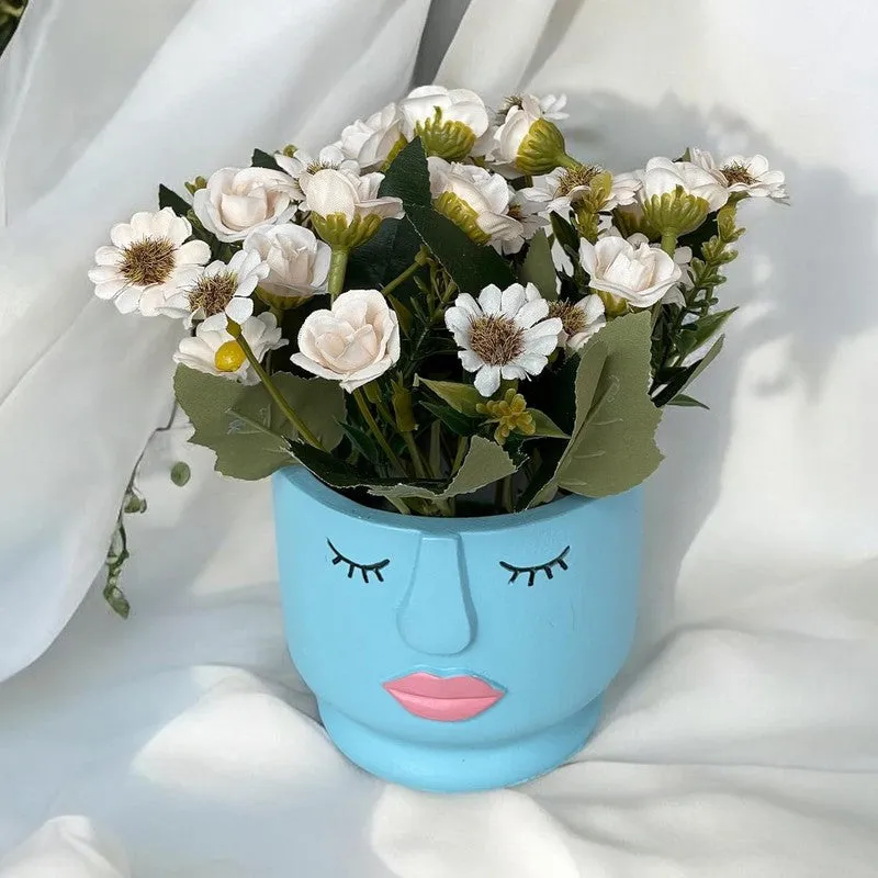 Faux Aster Artificial Flower With Pot - White & blue media 1