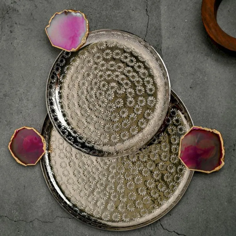 Samitha (Aluminum,Agate) Platter With Agate Decoration (Pink) - Set of Two media 1