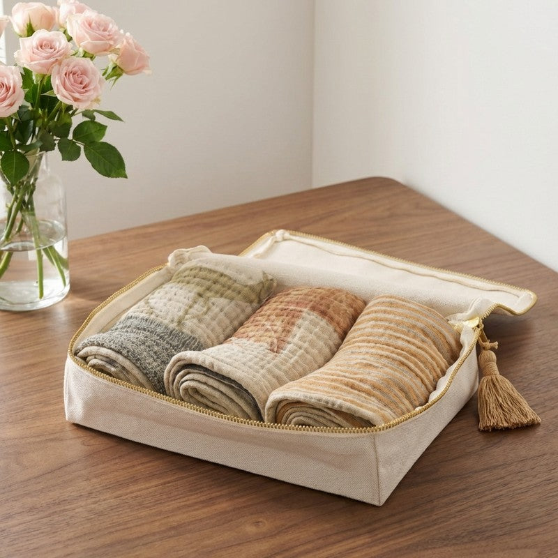 Rang Mahal Cotton Hand Towels with Canvas Box - Set Of Three