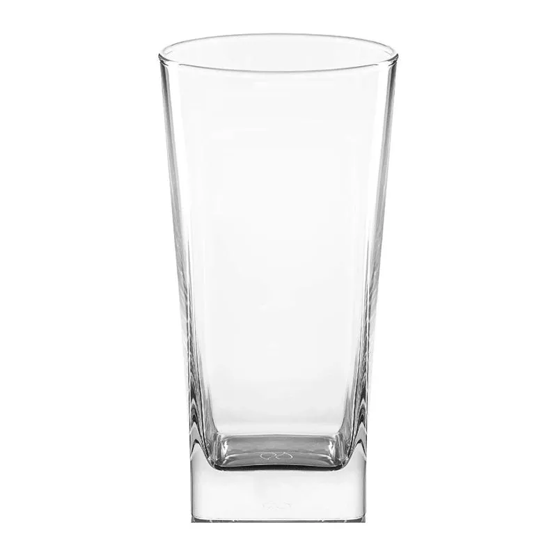 Front view of a clear tall glass with a square base