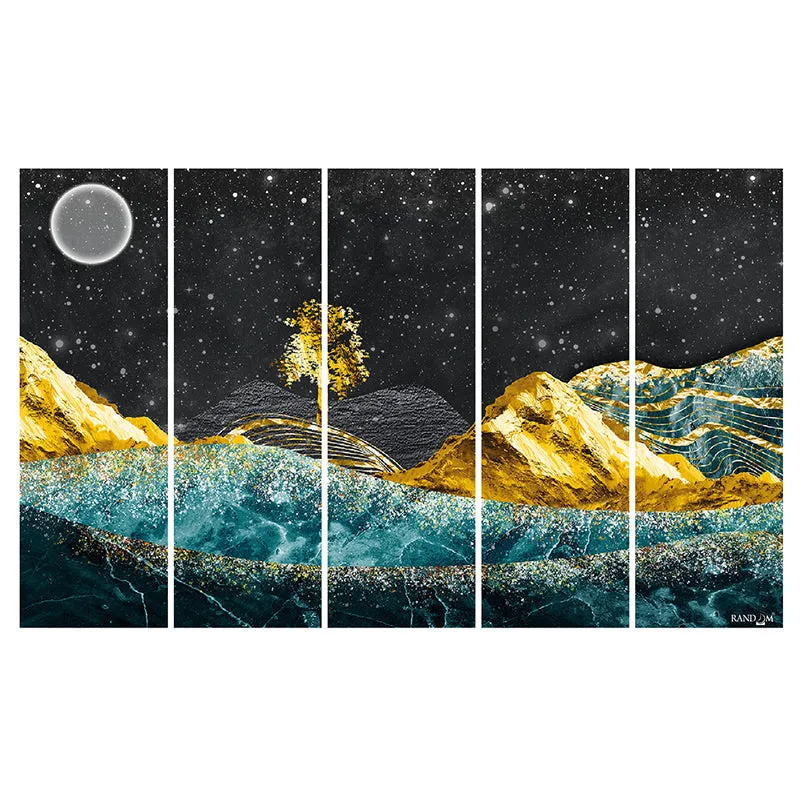 Golden Moonscape Canvas Wall Art - Set Of Five media 4