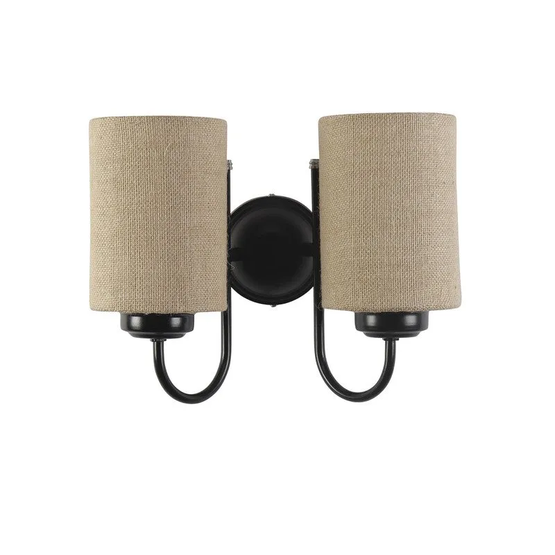 Studio view of dual jute wall lamp with black iron mount