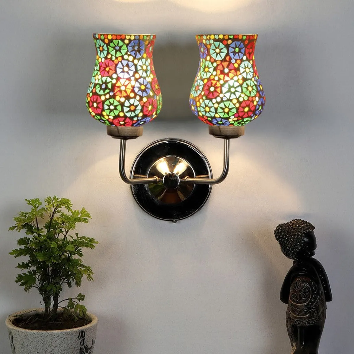 Lit multicolour mosaic glass wall lamp with two bell-shaped shades
