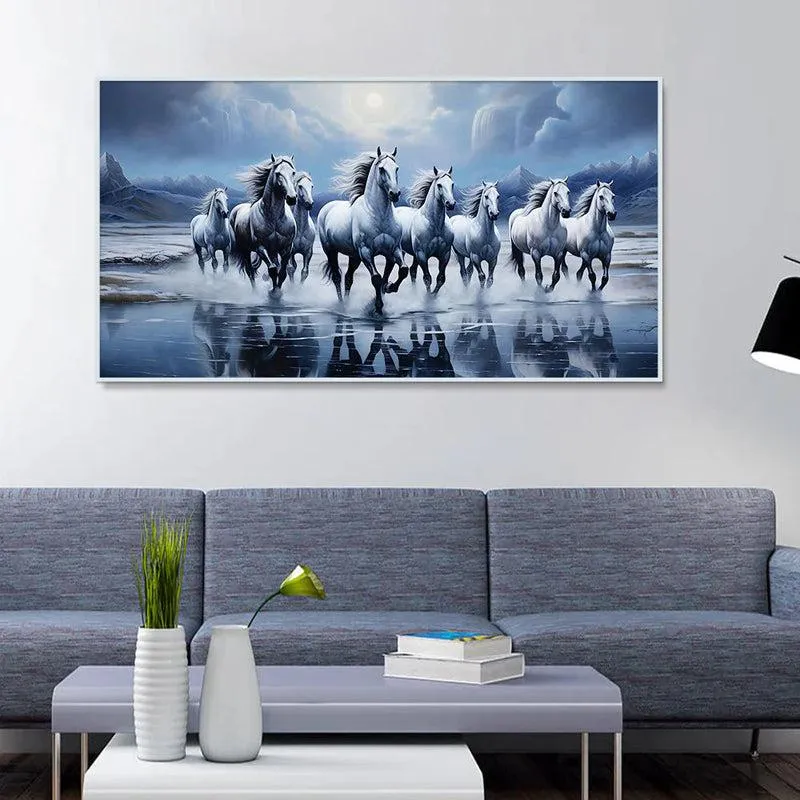Mustang Moonrise Canvas Wall Painting With Frame - White media 1