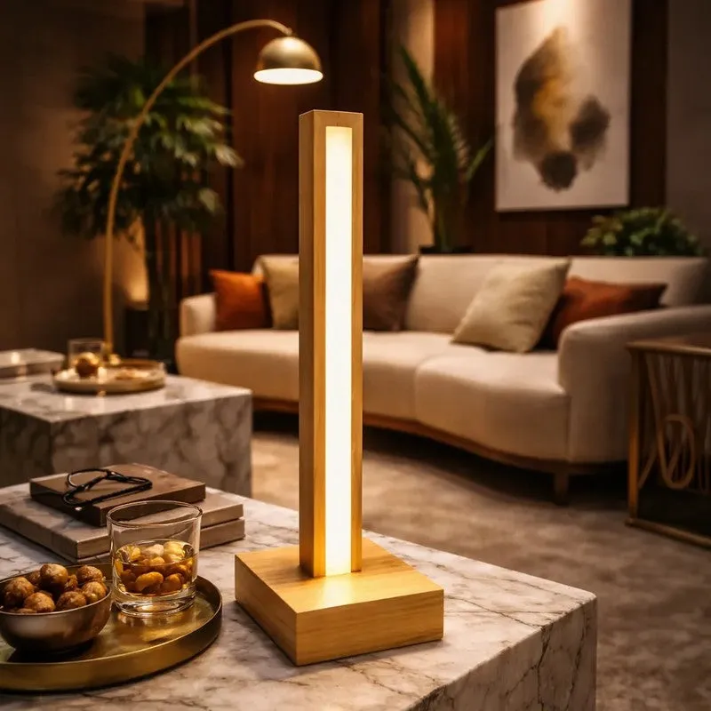 Modern Vertical Pine Wood LED Table Lamp - Brown media 1