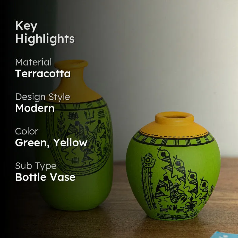 Warli Tales Vases - Set of Two (Green,Yelow) media 2