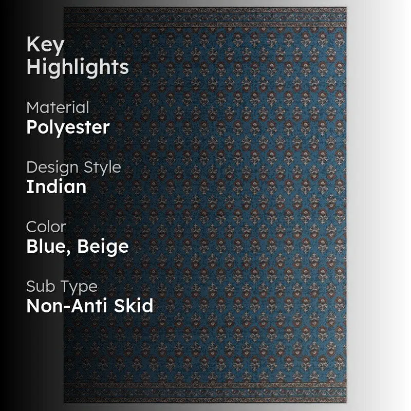 Blue patterned carpet with text overlay showing key highlights