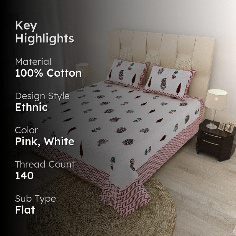 Chandrika Printed Cotton Bedsheet (Pink) - 140 TC media 2
