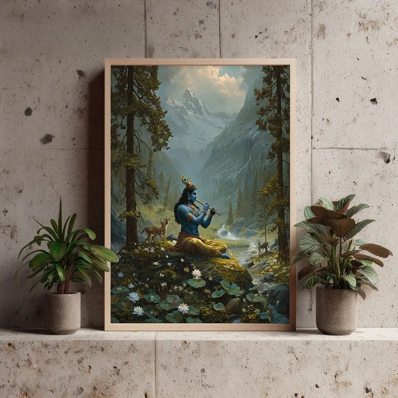 Vrindavan Bihari Lord Krishna Playing Fluit II Archival Paper Wall Art - Natural Brown Frame media 3