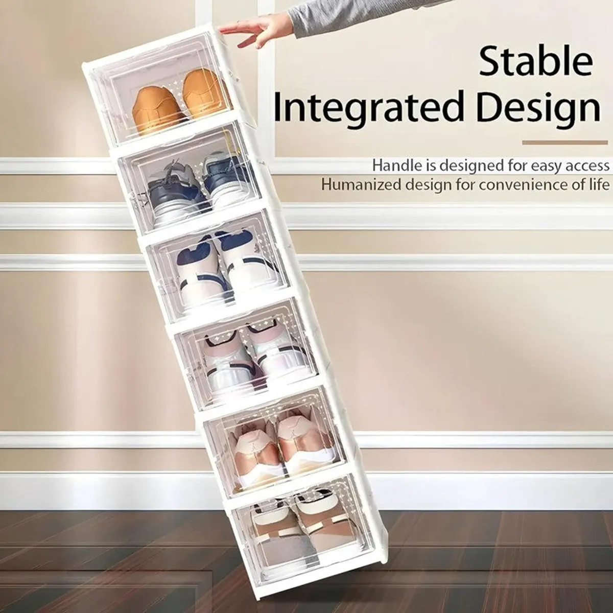 Tall white shoe rack with transparent doors shown tilted to highlight stability